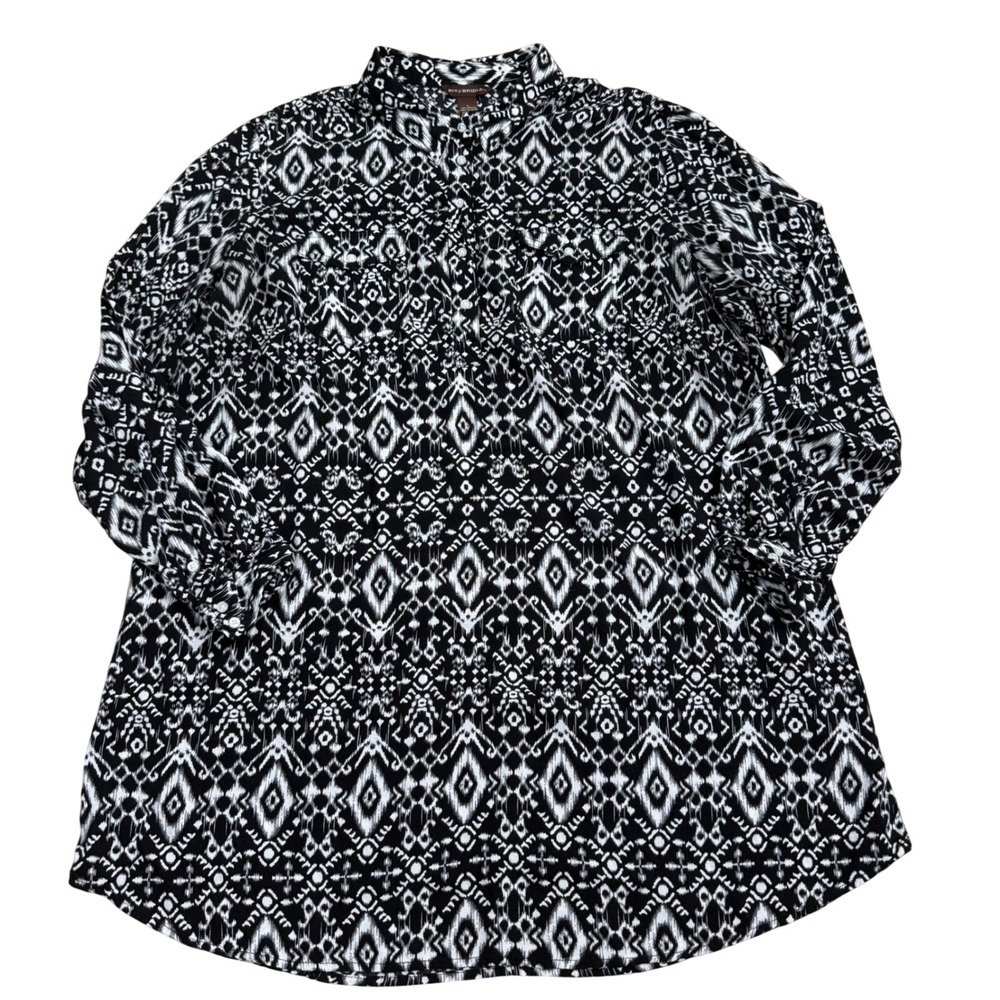 Bit & Bridle Ikat Print Tunic Blouse Women Large Black White Modern Boho Chic